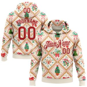 Custom Stitched Cream Red-Cream 3D Christmas Patchwork Sports Pullover Sweatshirt Hoodie