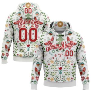 Custom Stitched White Red-White 3D Christmas Floral Sports Pullover Sweatshirt Hoodie
