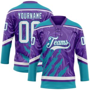 Custom Purple White-Teal 3D Splash Art Hockey Lace Neck Jersey