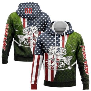 Custom Navy Red-Aurora Green 3D American Flag And Smallmouth Bass Fish Fishing Sports Pullover Sweatshirt Hoodie