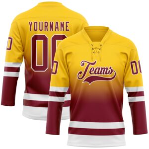Custom Yellow Crimson-White Fade Fashion Hockey Lace Neck Jersey