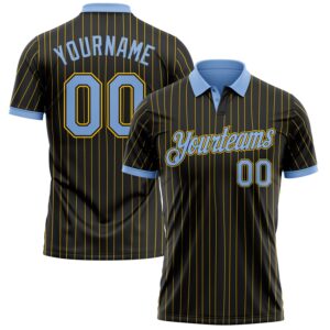 Custom Black Yellow Pinstripe-Light Blue Performance Polo Shirt