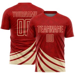 Custom Red Cream Distressed Diagonal Stripes Wind Shapes Sports Sublimation Soccer Uniform Jersey