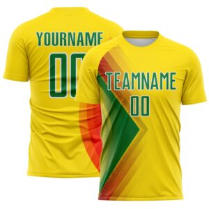 Custom Light Yellow Kelly Green Red-White Brasil Abstract Geometric Sublimation Soccer Uniform Jersey