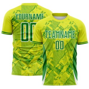 Custom Neon Yellow Grass Green-White Brasil Digital Lines Sublimation Soccer Uniform Jersey