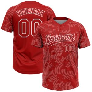 Custom Red White 3D Pattern Curve Lines Two-Button Unisex Softball Jersey