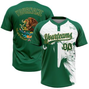Custom Kelly Green Old Gold-White Mexico Two-Button Unisex Softball Jersey