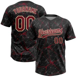 Custom Black Crimson-Cream 3D Pattern Design Abstract Network Two-Button Unisex Softball Jersey